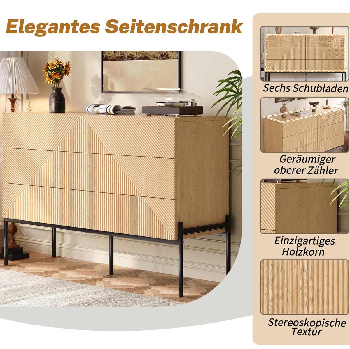 SIDEBOARD 115,5/38/75 cm mit 6 Schubladen in Natur mit 3D-Struktur - Naturfarben, Holzwerkstoff (115.5/75/38cm) - BEAOK