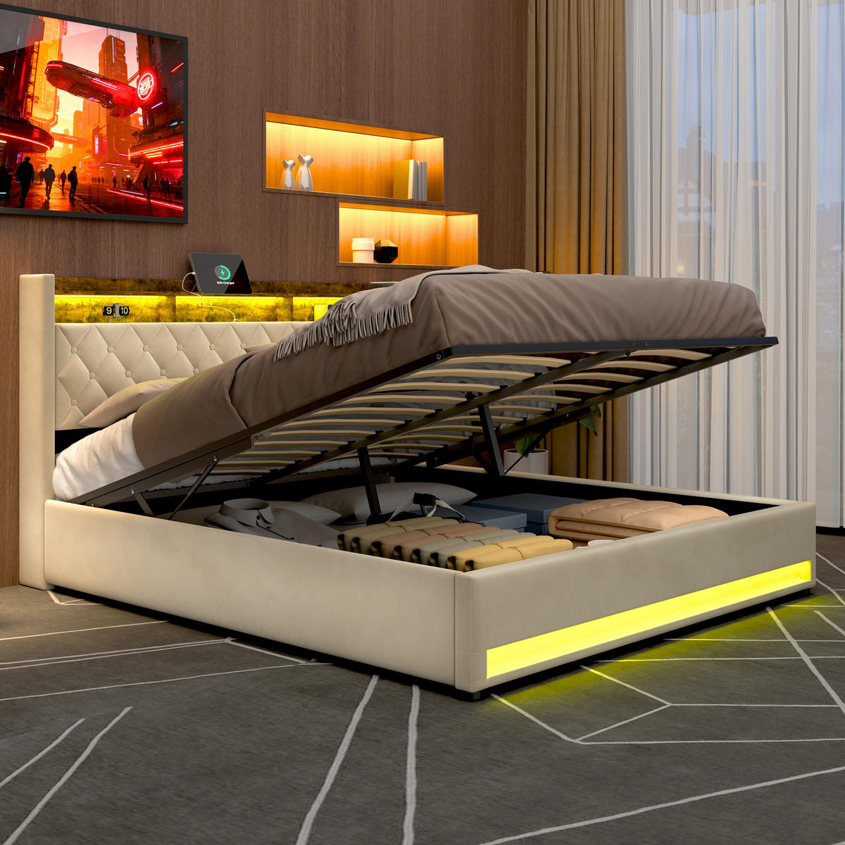 POLSTERBETT 180/200 cm Beige mit LED-Lichtleiste und USB-Anschlüssen - Beige, Holzwerkstoff (180/200cm) - OKWISH