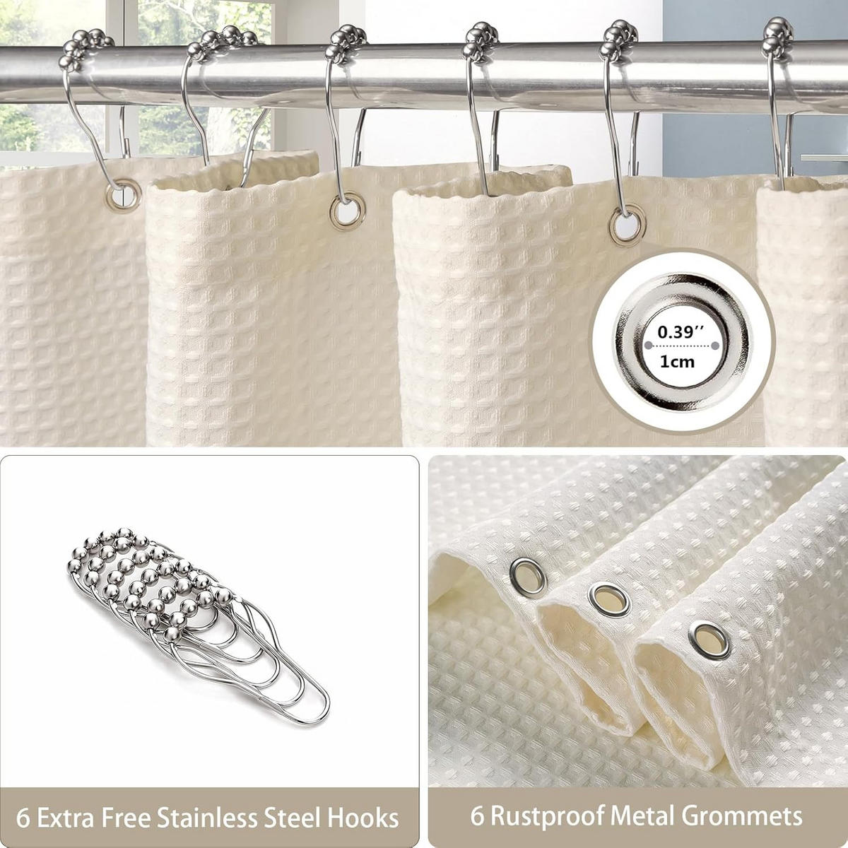 DUSCHVORHANG Waffelstruktur schwer 92 x 182 cm Polyester wasserdicht schimmelresistent mit Ringen - Beige, Textil (92/182cm) - MCBOSON