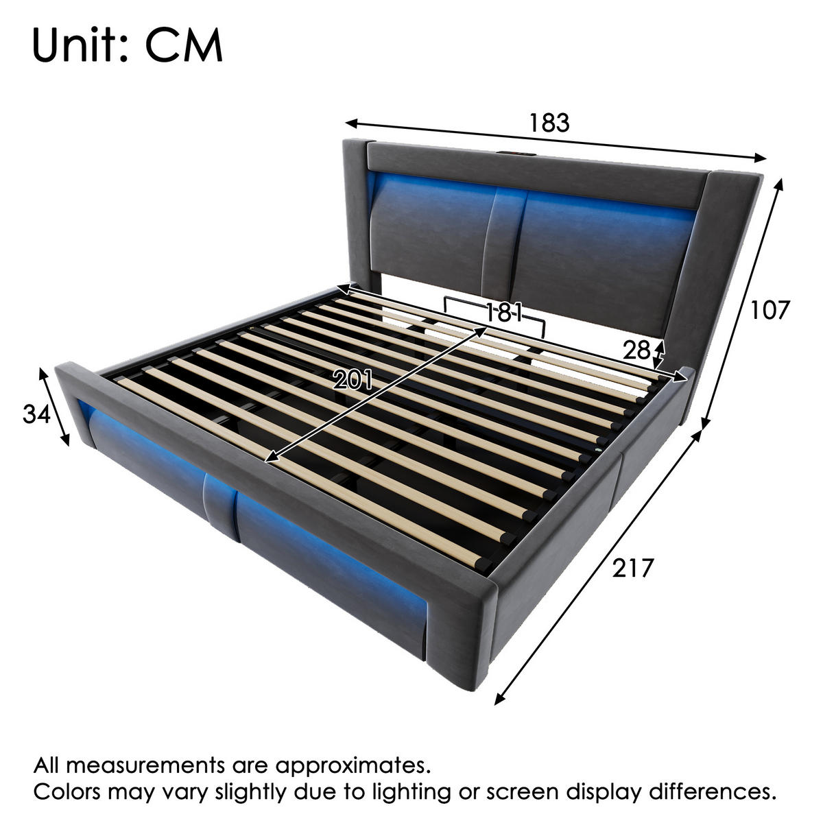 POLSTERBETT 180/200 cm Grau aus Samt mit Stauraum LED und USB-C - Grau, Textil (180/200cm) - OKWISH
