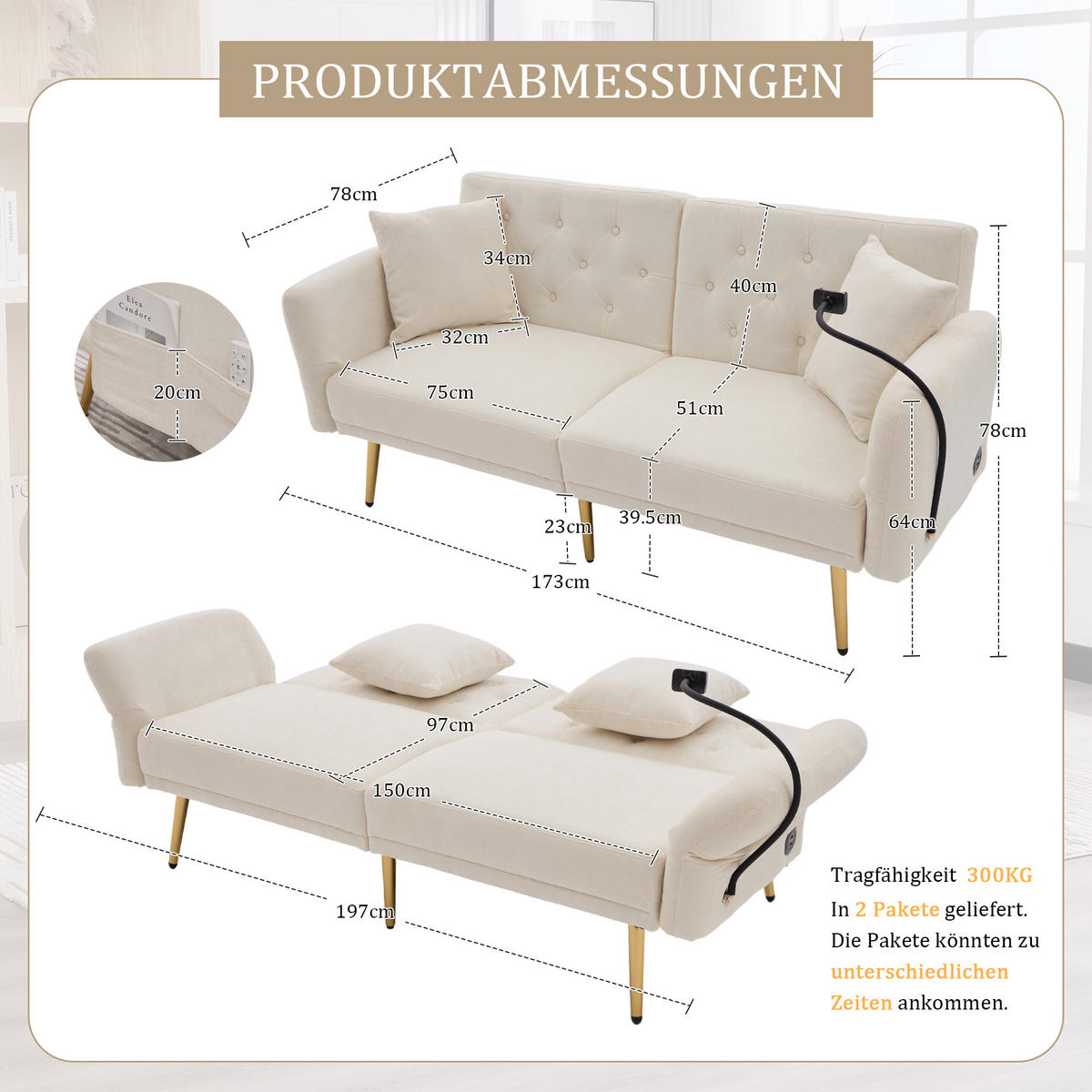 2-SITZER-SOFA mit zwei USB-Anschlüssen, Handyhalterung, verstellbarer Rückenlehne und Metallfüßen – Beige - Beige, Textil (78/78/173cm) - KOMHTOM