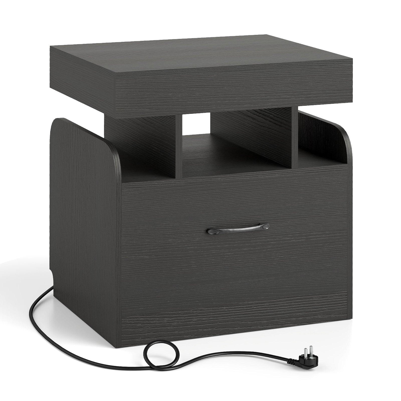 NACHTTISCH mit integrierter Ladestation, Schublade und offenen Fächern, Schwarz - Schwarz, Holzwerkstoff/Metall (50/55/40cm) - DESIGN IN