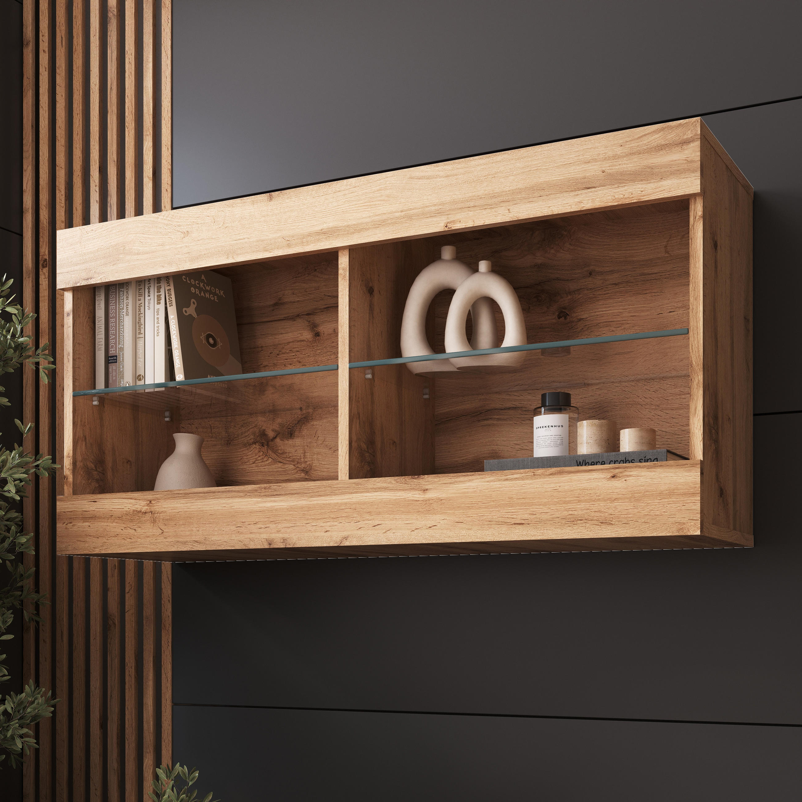 HÄNGEVITRINE TIVOLI HORIZONTAL 100, Wotan - Eiche Wotan, Glas/Holzwerkstoff (100/50/29.5cm) - Komodee