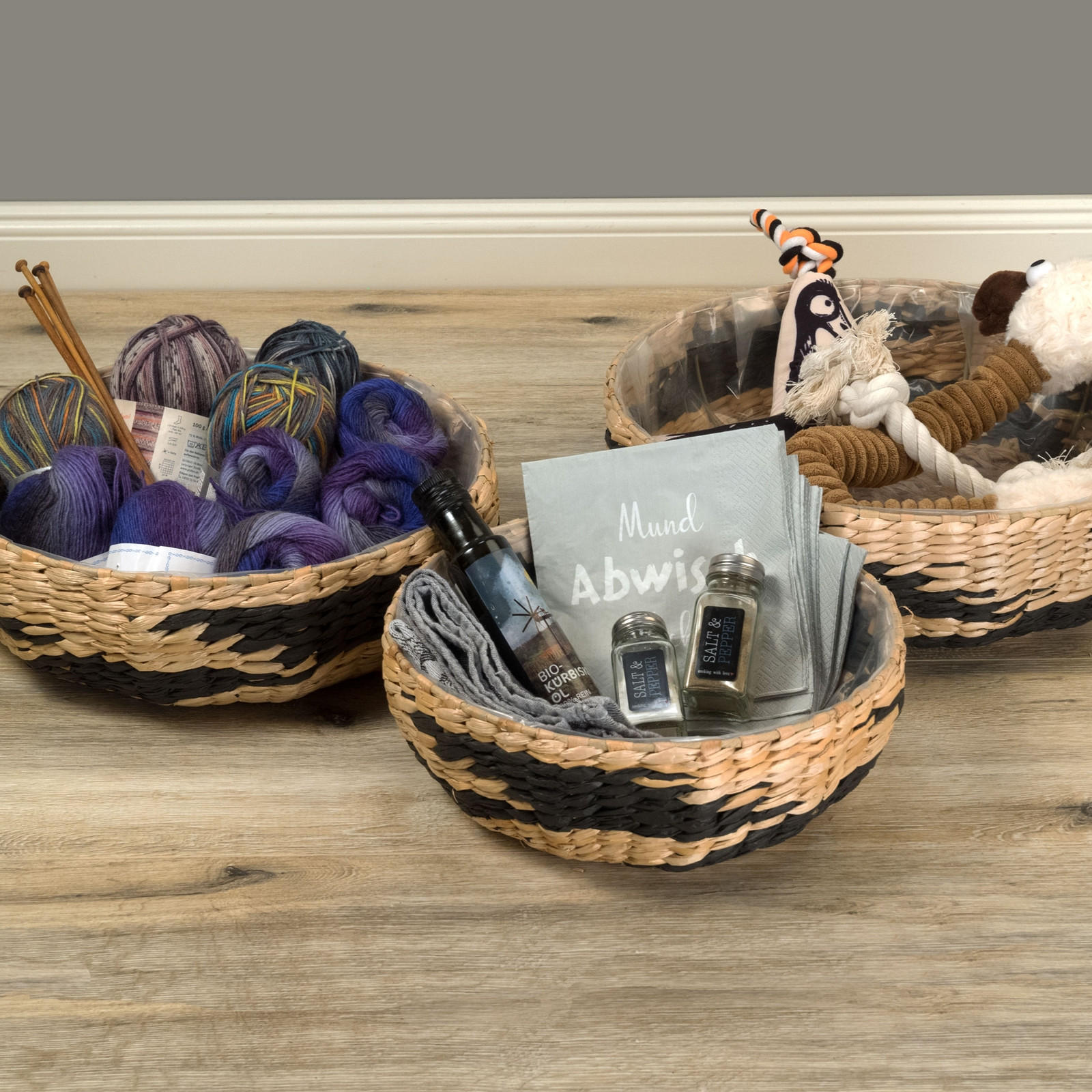 KORB-SET Taja 3-teilig verschiedene Größen, wasserdicht natur-schwarz - Silberfarben, Naturmaterialien (12cm) - CREEDWOOD