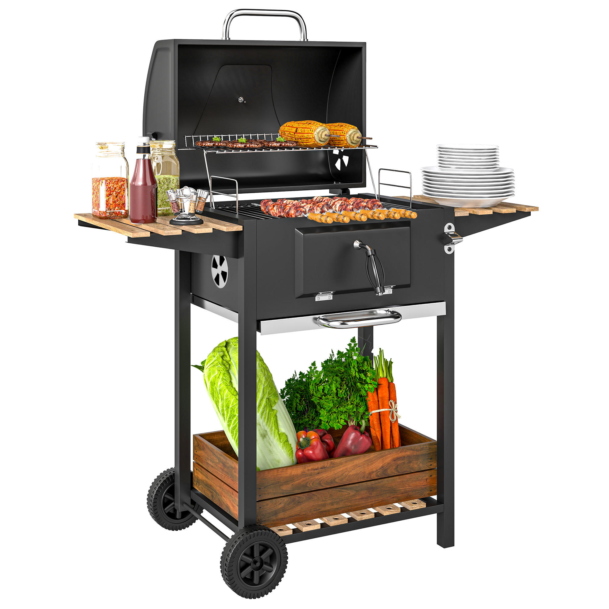HOLZKOHLEGRILL DE-10325 höhenverstellbare Kohlenpfanne Schwarz - Schwarz, Metall (58/107/112cm) - ComfortXL