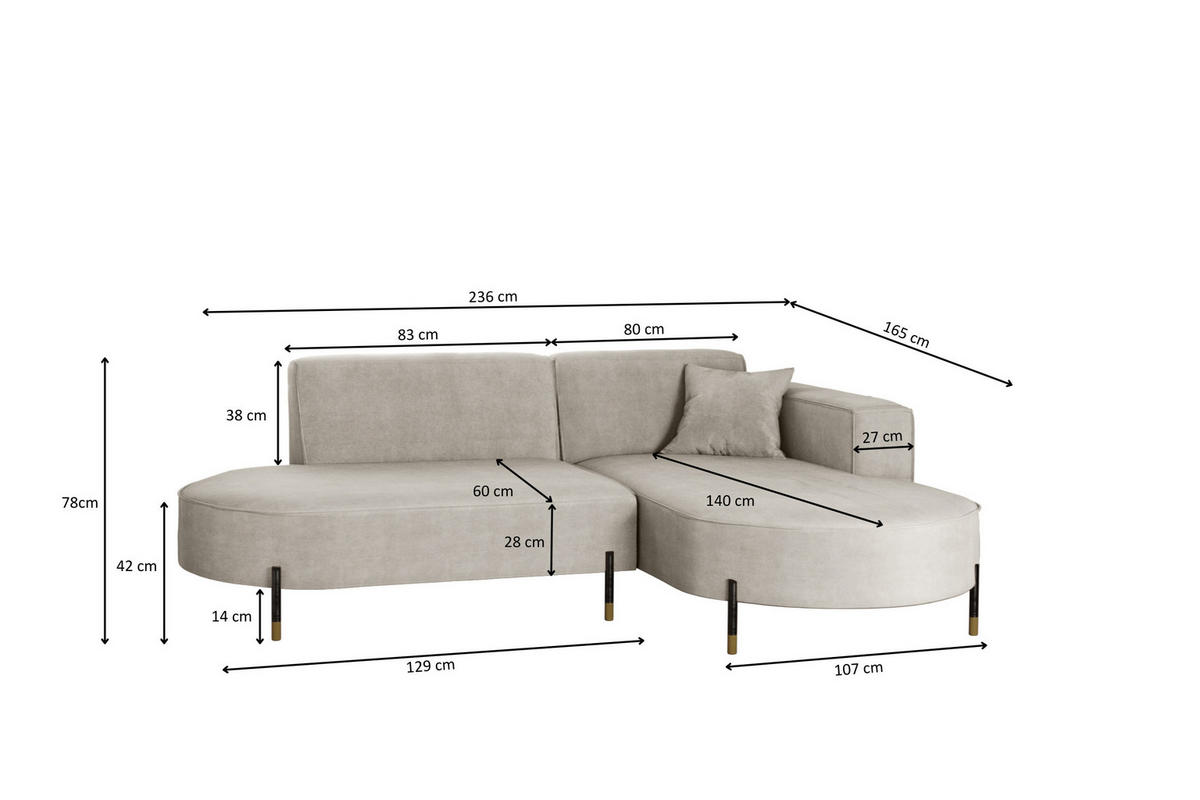 ECKSOFA L-Form Designer Modena Rein Stoff Noel Hellgrau Rechts - Hellgrau, Holz/Textil (236/165cm) - Kaiser Möbel