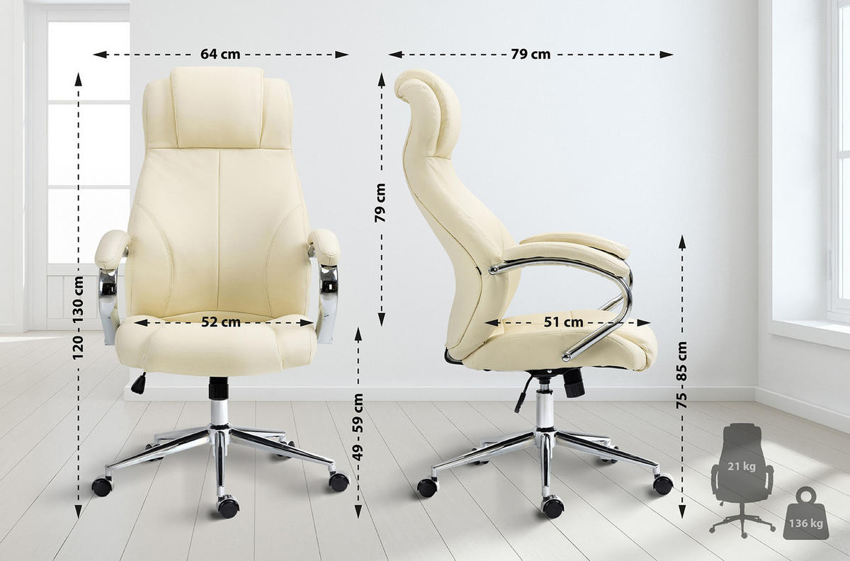 BÜROSTUHL Kyron Echtleder creme - Chromfarben/Creme, Leder/Metall (64/130/79cm) - TPFLiving