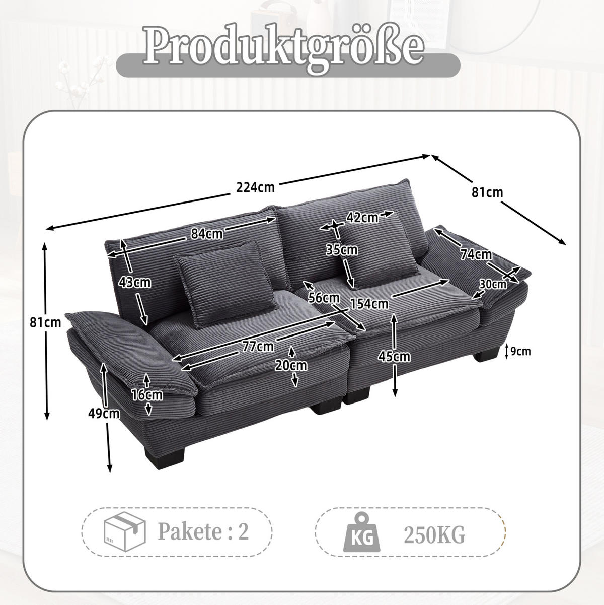 2-SITZER 224/81/81 cm dunkelgrau aus Samt mit ultratiefem Sitz - Dunkelgrau, Textil (81/81/224cm) - OKMYHOME