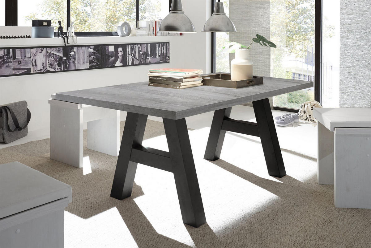 ESSTISCH ausziehbar Elia 7 160 x 90 x 75 Esszimmertisch Schwarzstahl/Beton - Hellgrau, Holz (160/90/75cm) - 58aufmkessel