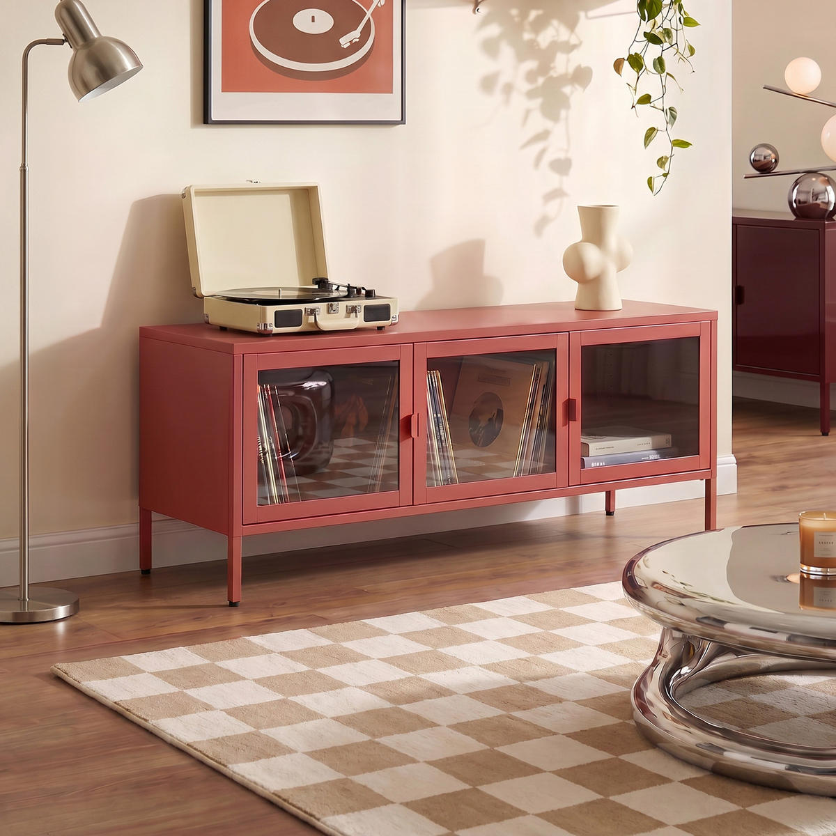 TV-STÄNDER Metall industriell EZRA, 130 cm, 3 Türen, Terrakotta und Sicherheitsglas - Terracotta, Metall (130/55/40cm) - Sicaan
