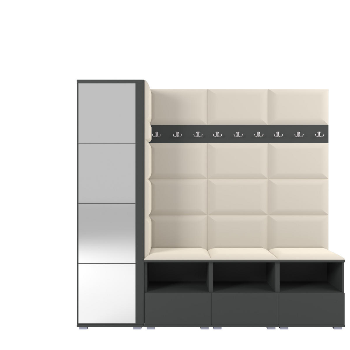 GARDEROBE NELA IX 200 cm (Modulare Flurmöbel Graphit mit Spiegel & Sitzpolster Creme 01 Breite Sitzbank) - Silberfarben/Creme, Holz/Holzwerkstoff (200/187/40cm) - Ravio
