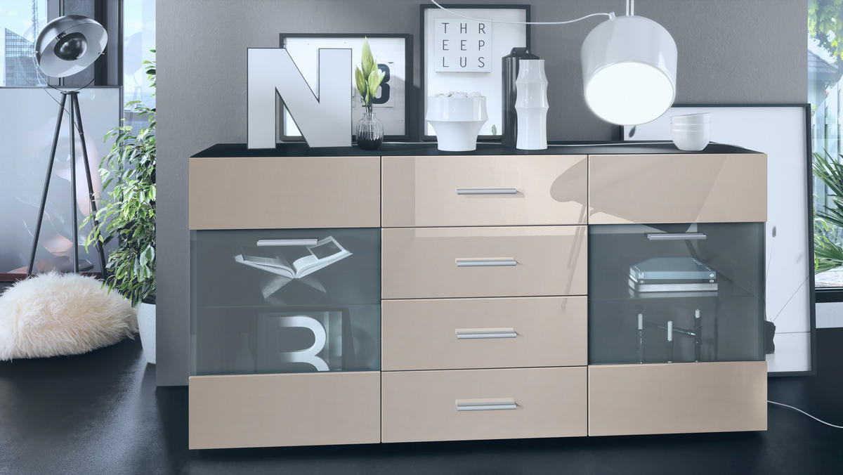 SIDEBOARD Carlos Sandgrau Hochglanz - Sandfarben, Holzwerkstoff (139/72/35cm) - Vladon