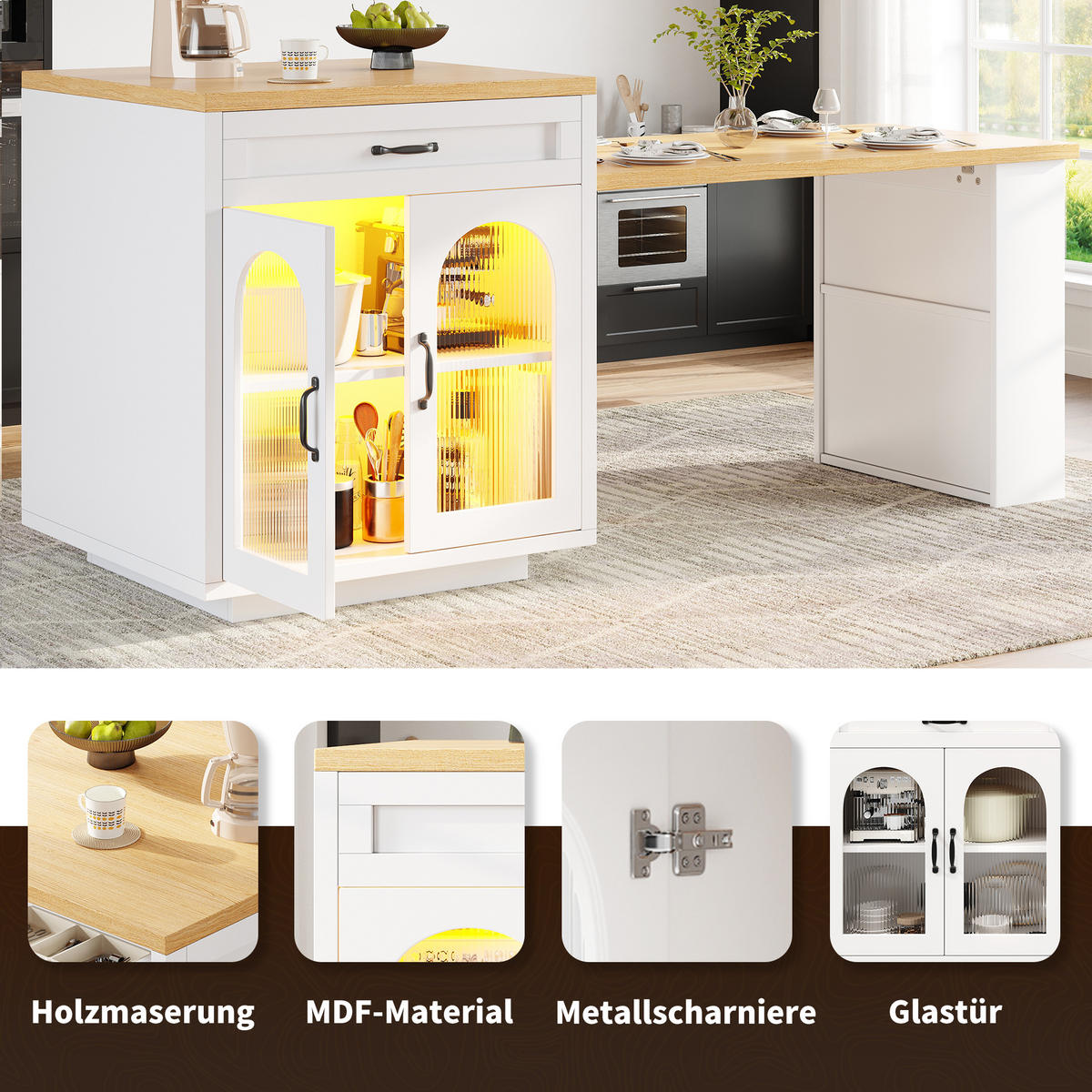 KÜCHENINSEL Ausziehbar LED 2 Schubladen Glastüren MDF - Weiß, Holzwerkstoff (126/94/59cm) - FLIEKS