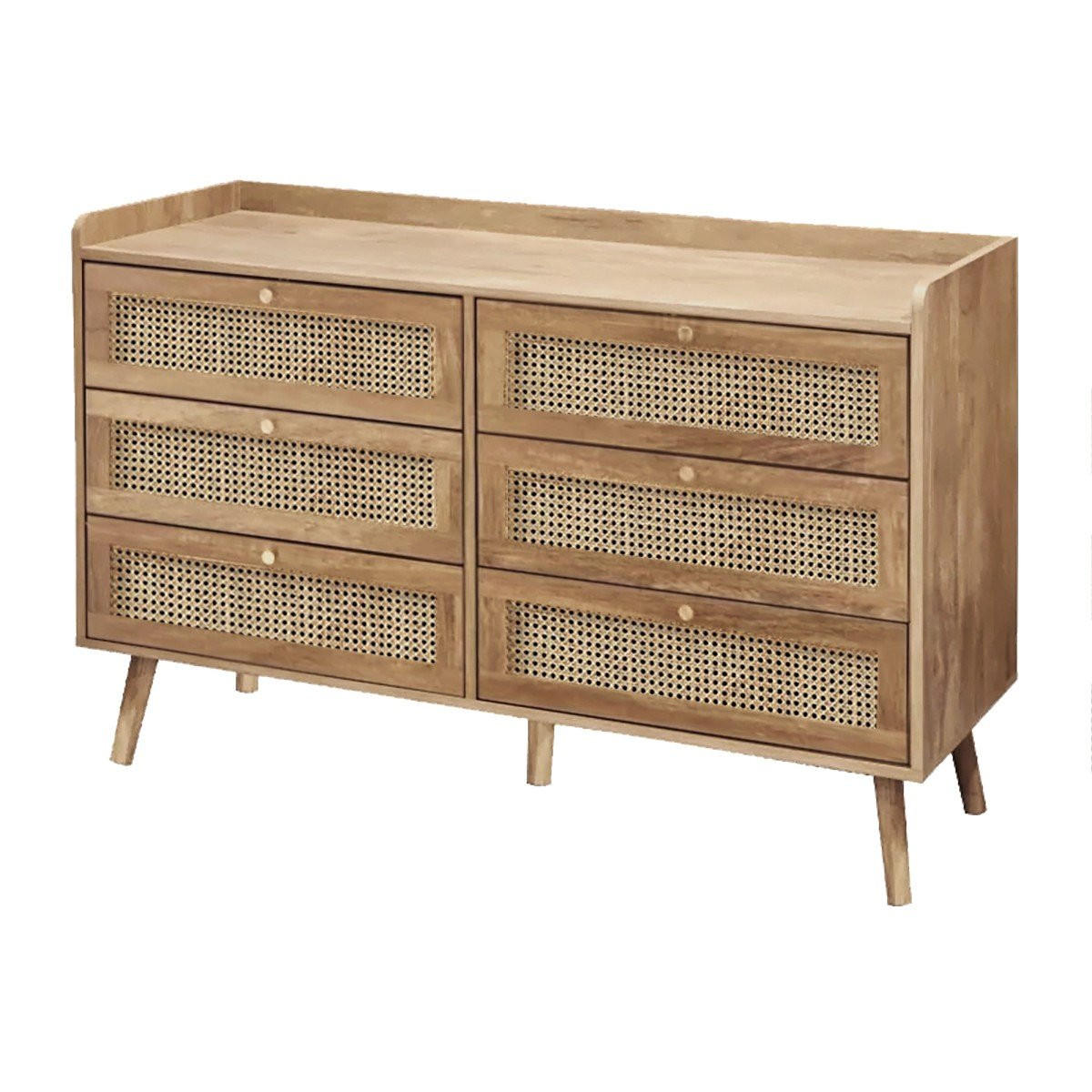 KOMMODE mit 6 schubladen mit fronten aus natürlichem rattan - PALMO 120/39/79 cm - Apfelbaumfarben, Holzwerkstoff (39/79/120cm) - Calicosy