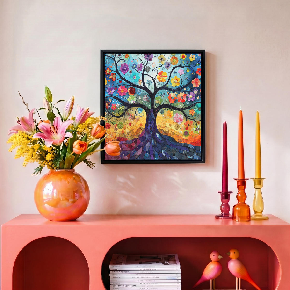 LEINWAND Bilder mit Rahmen - Kunst - Baum des Lebens - Blumen - Hippie - 20x20 - Dunkelblau, Textil (20/20cm) - MuchoWow