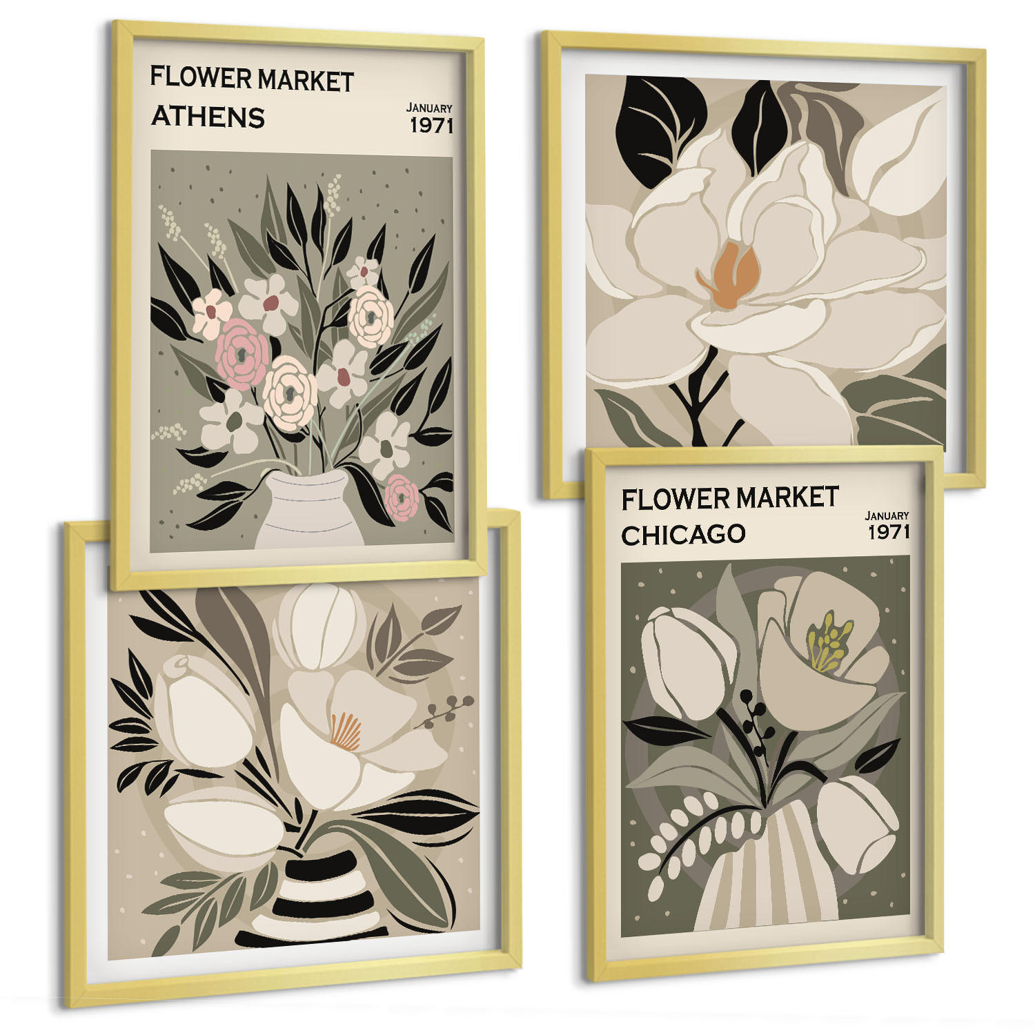 BILDER SET 4er Set - 50x50 cm & 40x60 cm Goldrahmen - Retro-Blumenmuster aus verschiedenen Städten - Goldfarben, Kunststoff (50/50cm) - TULUP