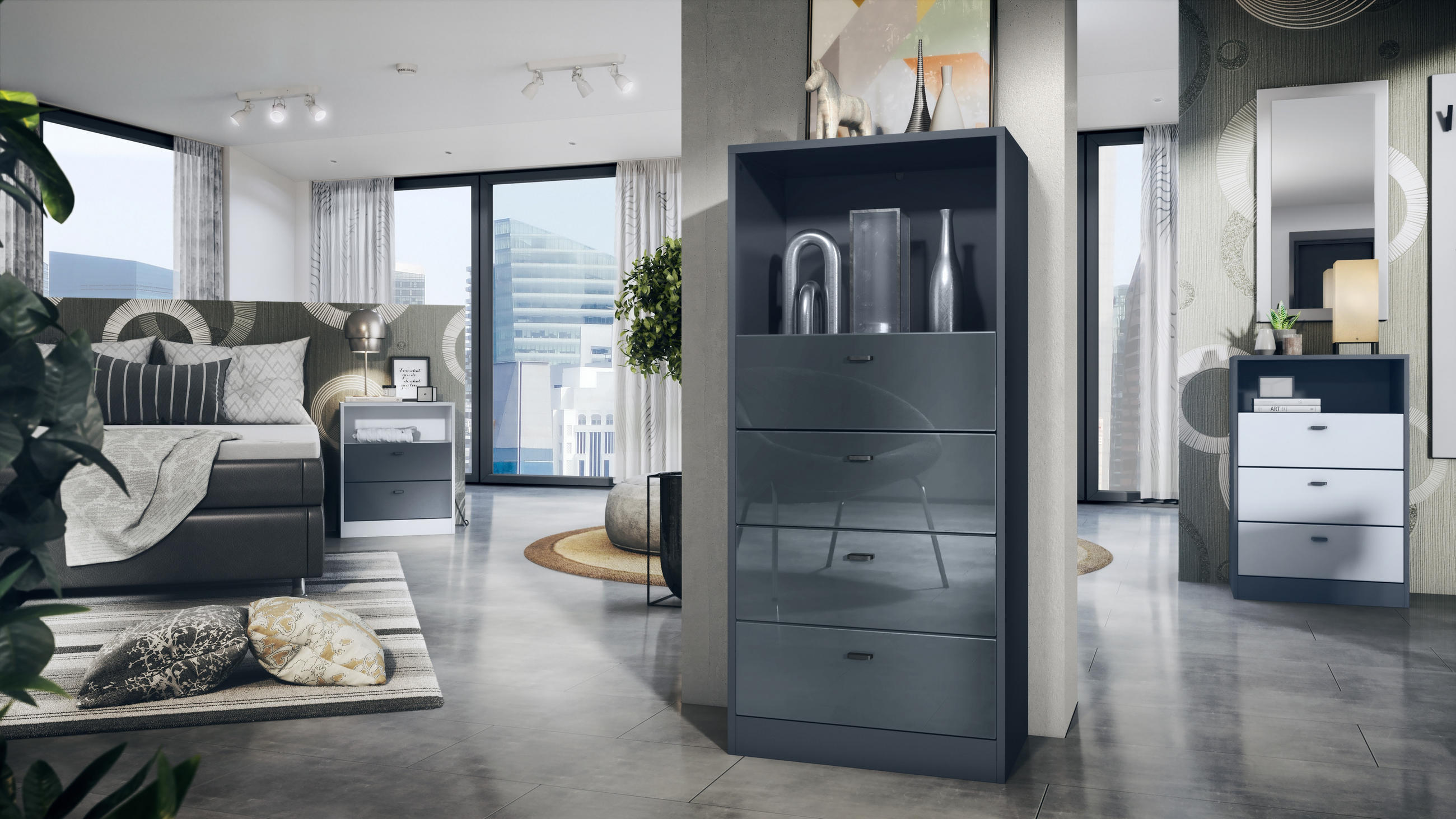 KOMMODE Pino Fronten in Grau Hochglanz - Grau, Holzwerkstoff (56/125/36cm) - Vladon