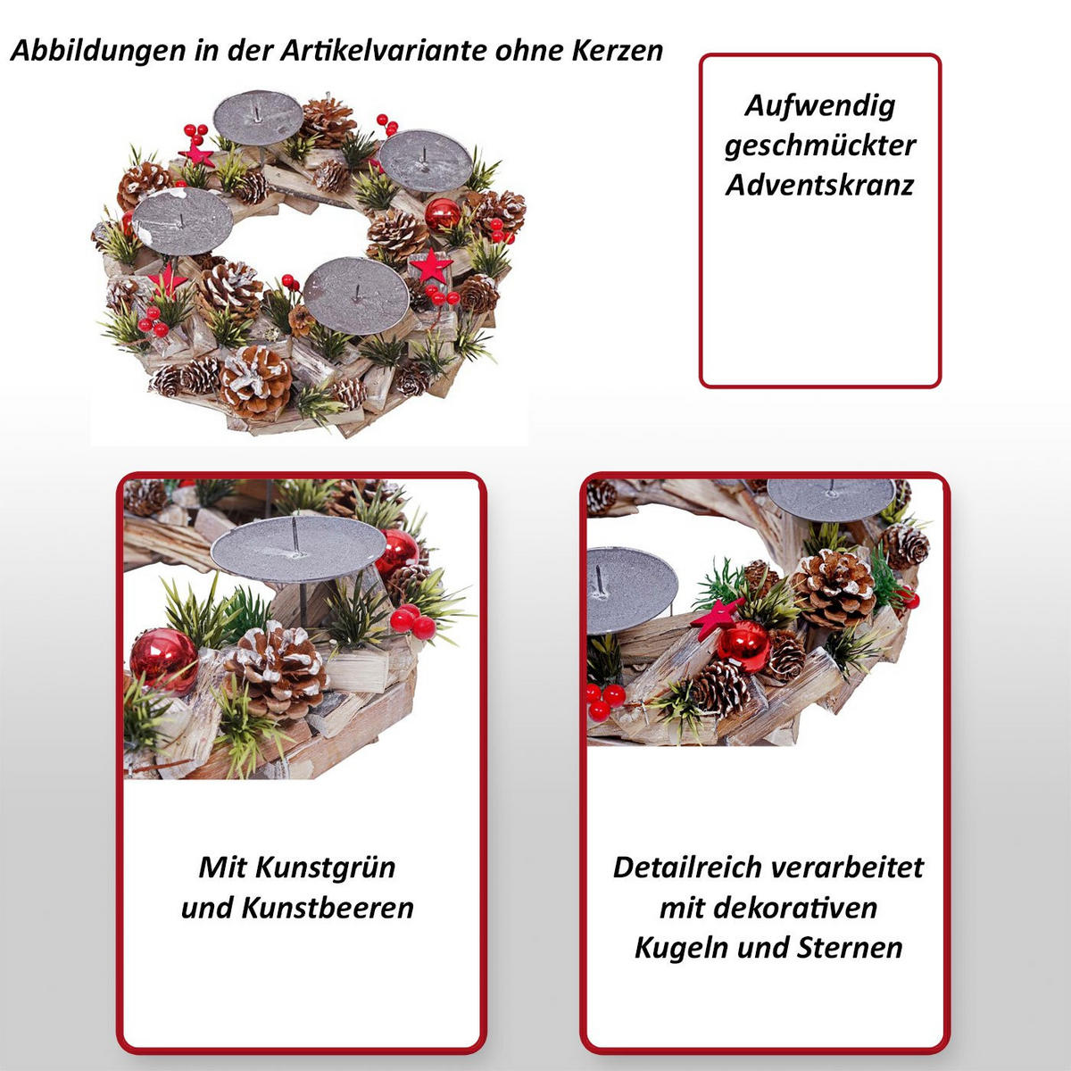 ADVENTSKRANZ HOLZ MIT KERZEN ROT Grau, Multicolor, Rot - Rot/Multicolor, Holz (12cm) - MCW