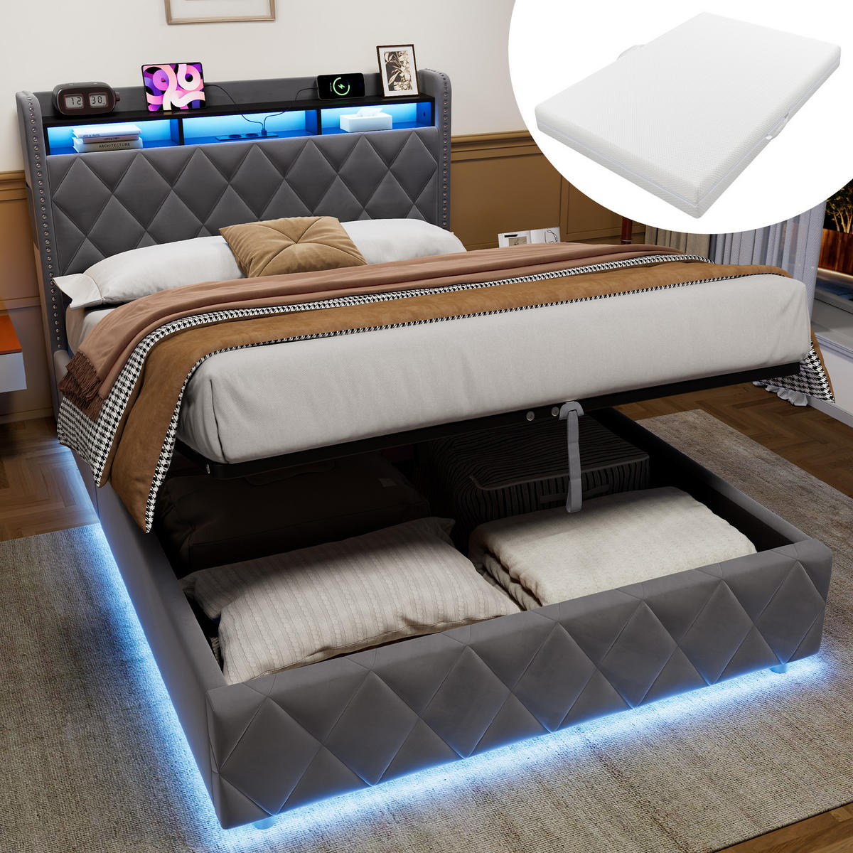 POLSTERBETT 140×200 mit LED-Beleuchtung, Bettkasten und Matratze - Grau, Holzwerkstoff/Textil (140/200cm) - EVRYAE