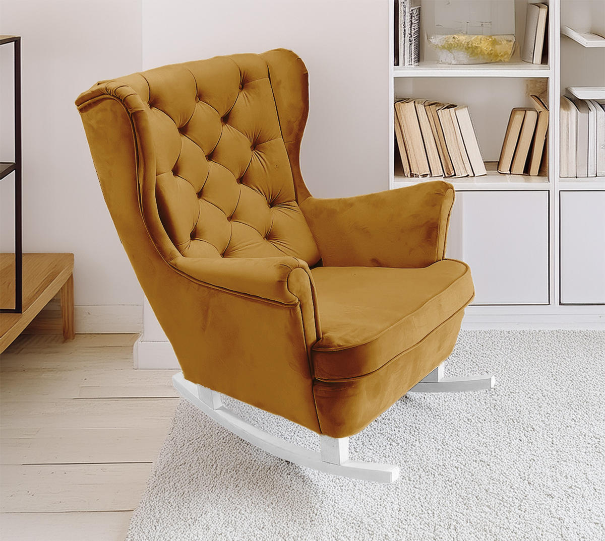 SCHAUKELSESSEL mit gepolstertem Sitz und Armlehnen, 102x81x95 cm, Olive_29816 - Messingfarben/Weiß, Holz/Textil (81/102/95cm) - DomoHome