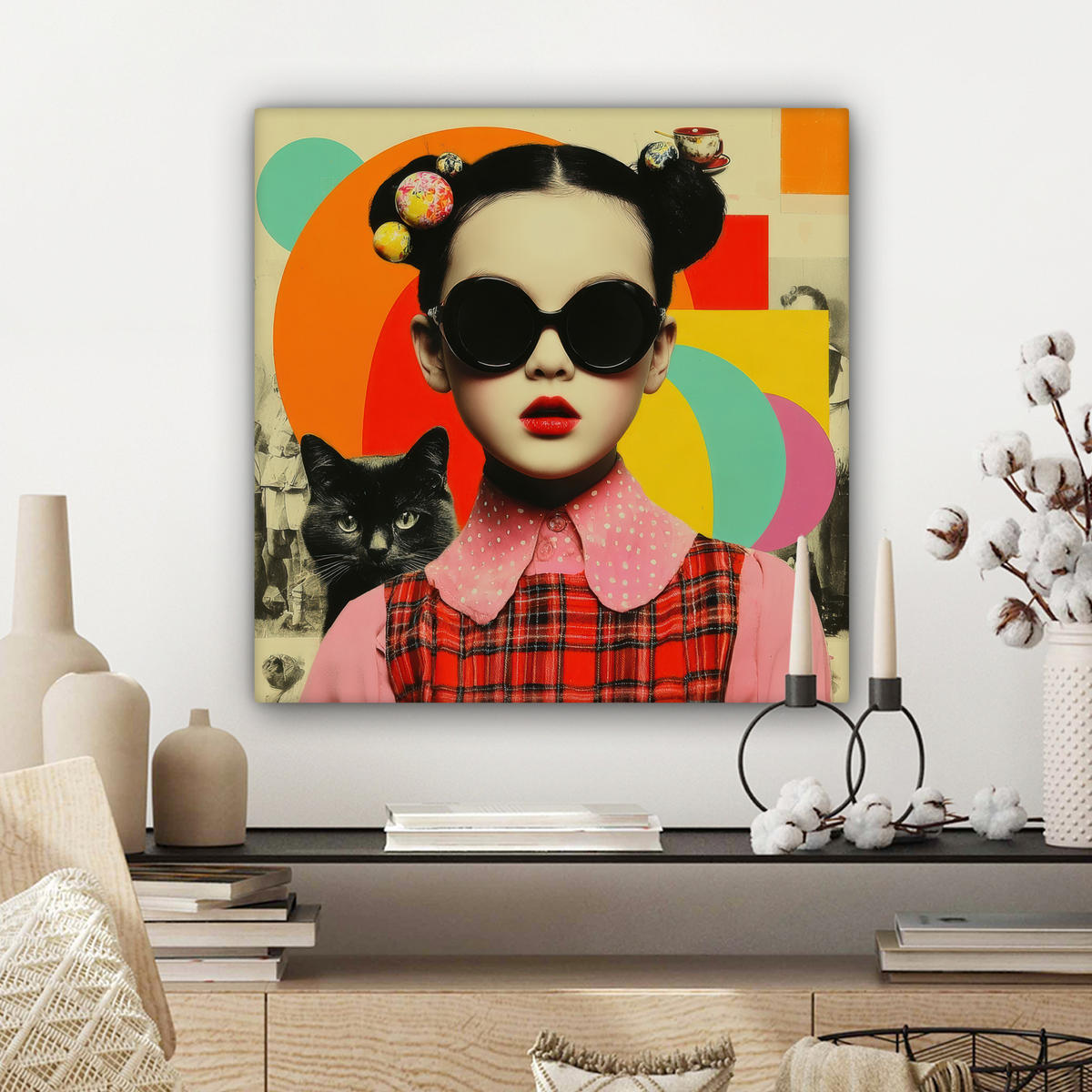 LEINWANDBILD Mädchen - Sonnenbrille - Katze - Retro Wandbild Wohnzimmer 50x50 cm - Beige, Textil (50/50cm) - MuchoWow