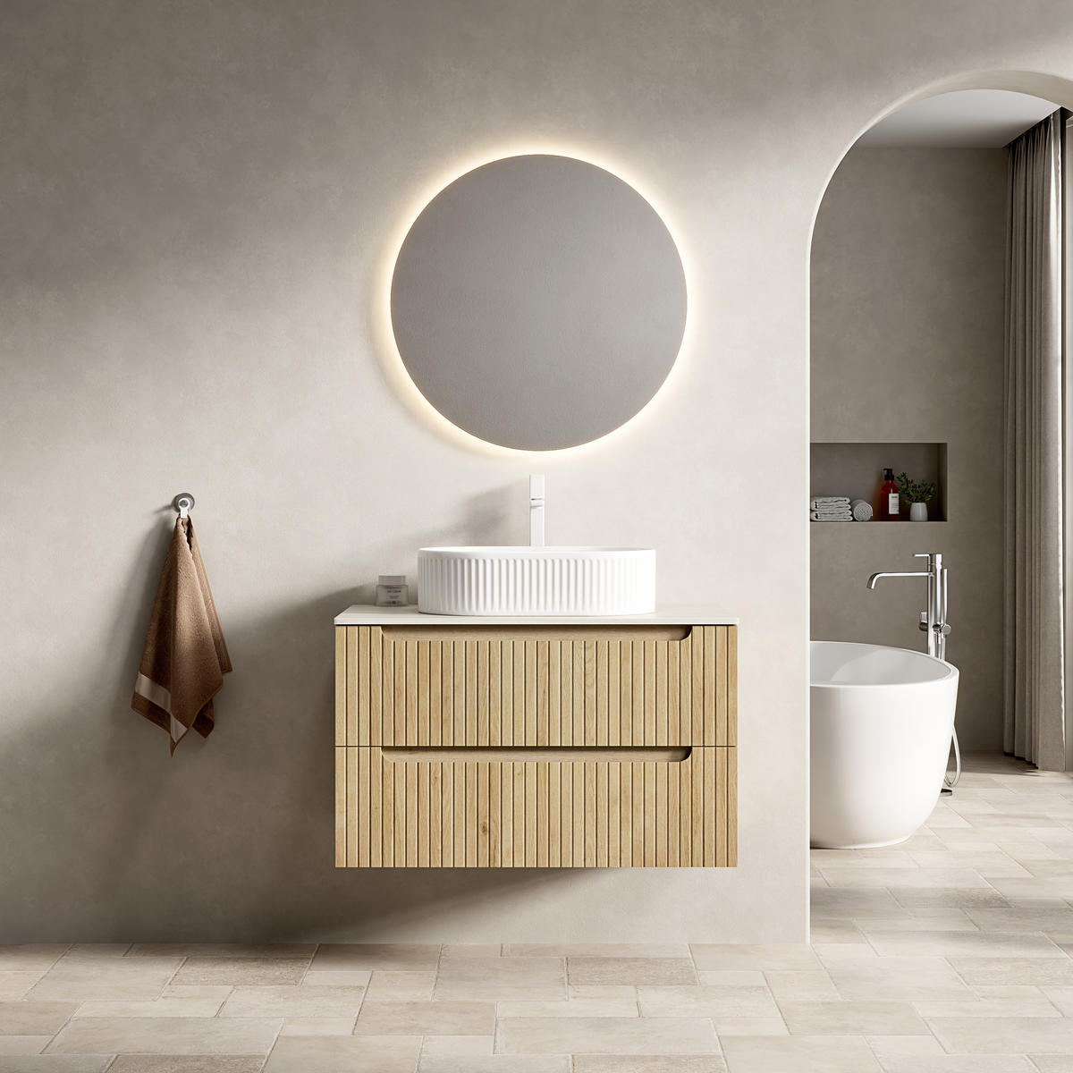 WASCHTISCHUNTERSCHRANK 80x46x62.2cm Weiß/Eiche mit ovalem Keramikbecken & 2 Schubladen - Eichefarben, Keramik (80/62.2/46cm) - Modfu