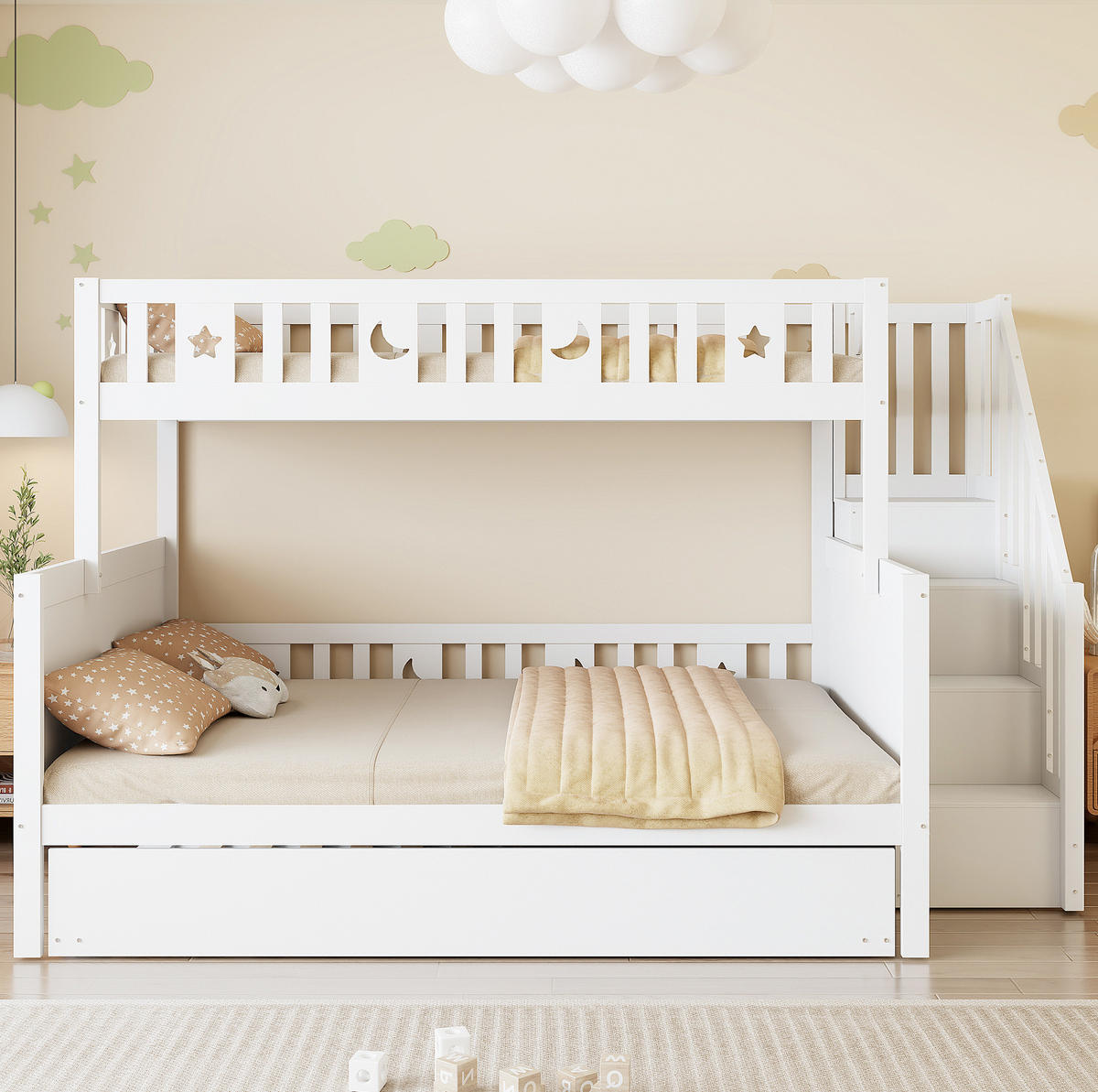 KINDER-ETAGENBETT aus Holz 90x200/140x200 cm Weiß mit Stauraumleiter und Ausziehbett - Weiß, Holz (90/200cm) - IVMEU