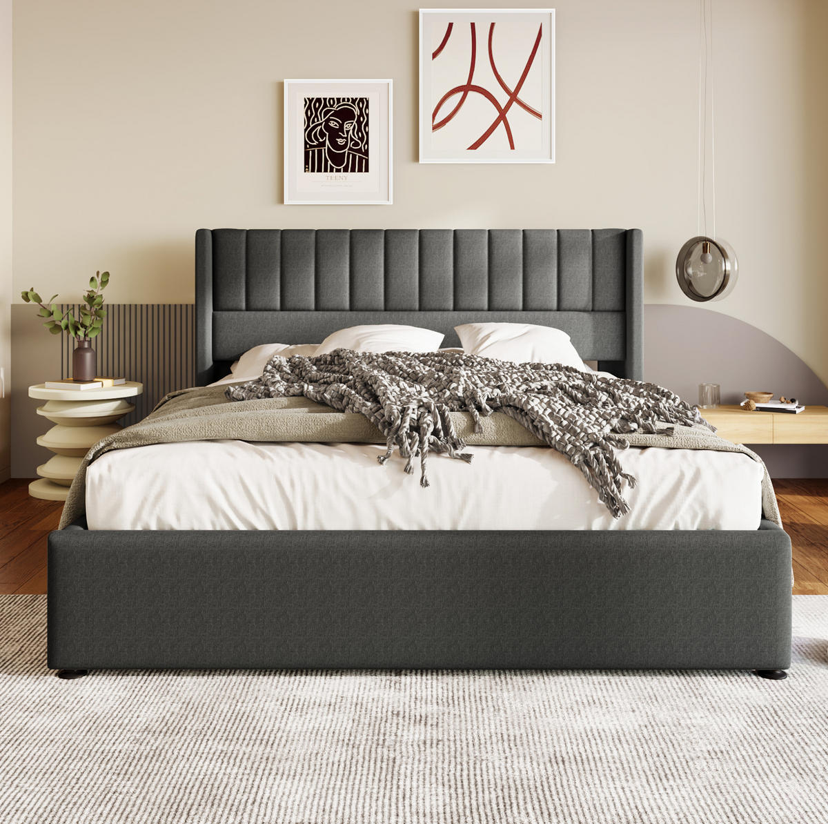 POLSTERBETT 160/200 cm Grau aus Leinen mit Bettkasten - Grau, Textil (160/200cm) - OKMYHOME
