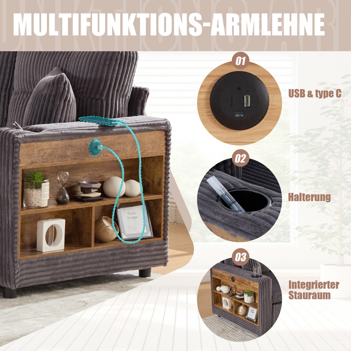 SCHLAFSOFA 3-er Sofa mit Schlaffunktion,Aufbewahrungshocker,Cord,Dunkelgrau - Dunkelgrau, Textil (196/85/119cm) - LVHOM