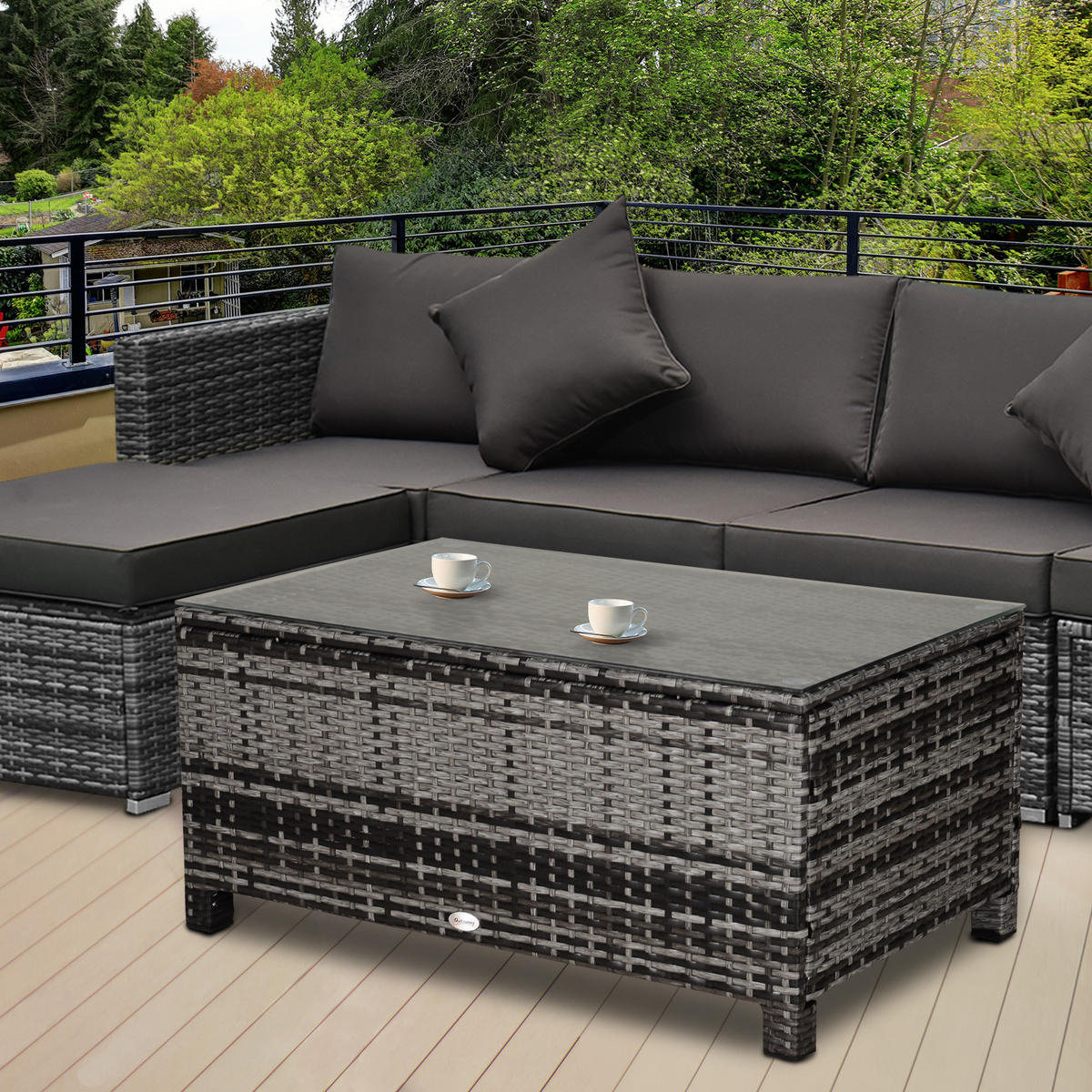 COUCHTISCH Rattan, Metall, Gehärtetes Glas, Grau - Grau, Kunststoff (85/50/39cm) - Outsunny