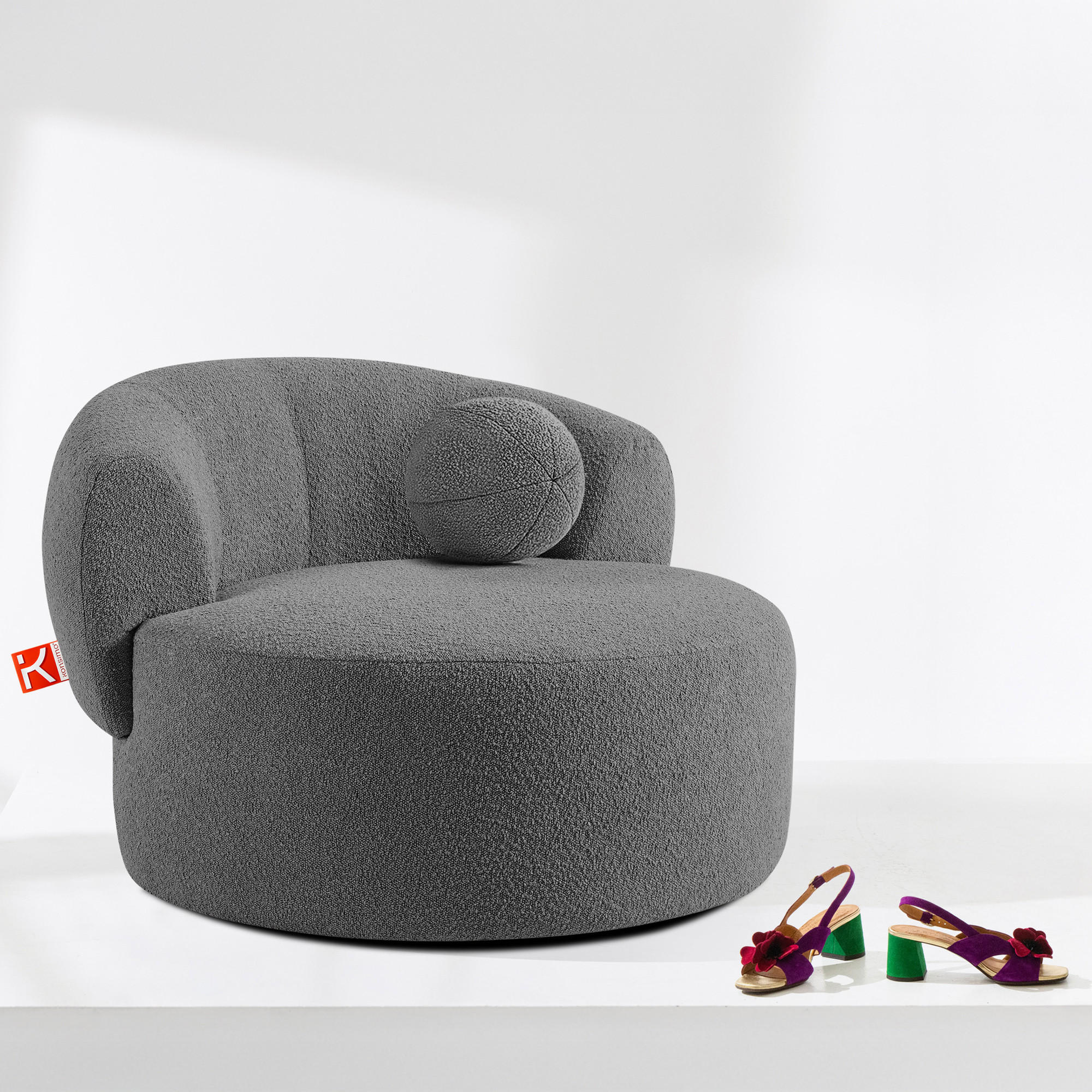 DREHSESSEL VIRA, Dunkelgrau, Bouclé - Dunkelgrau/Schwarz, Holz/Holzwerkstoff (105/76/100cm) - KONSIMO®
