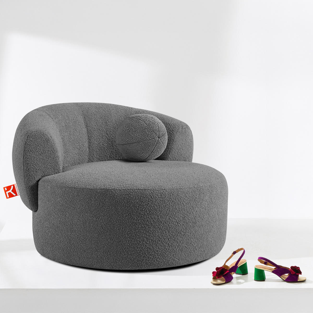 DREHSESSEL VIRA, Dunkelgrau, Bouclé - Dunkelgrau/Schwarz, Holz/Holzwerkstoff (105/76/100cm) - KONSIMO®