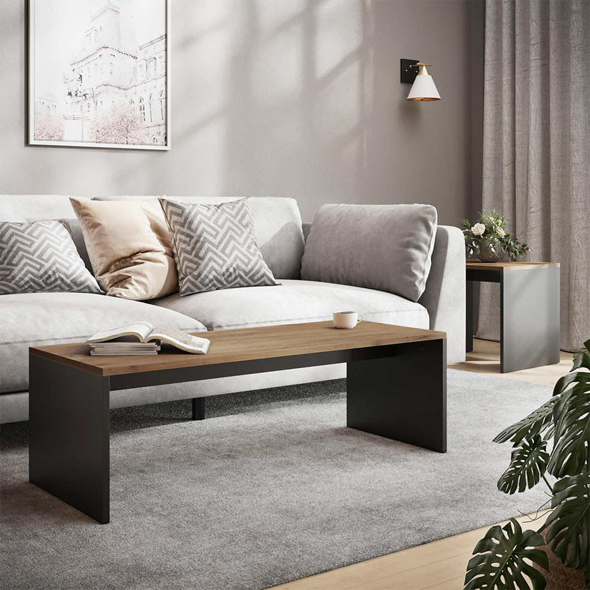COUCHTISCH-SET Donat Anthrazit/Goldkraft Eiche 100 x 48 cm , 2 Teile - Anthrazit/Eiche Wotan, Holzwerkstoff (48/100/40.4cm) - Vicco