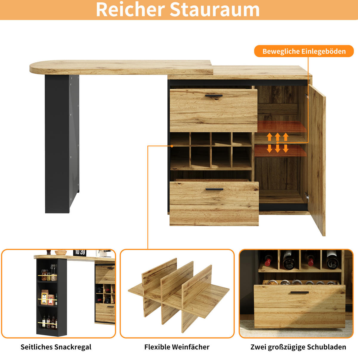 ESSTISCH aus MDF und Metall 138-220x39x105 cm Holzfarben ausziehbar mit 2 Schubladen, Weinregal und offenen Fächern - Naturfarben, Holzwerkstoff (138/39/105cm) - Modfu