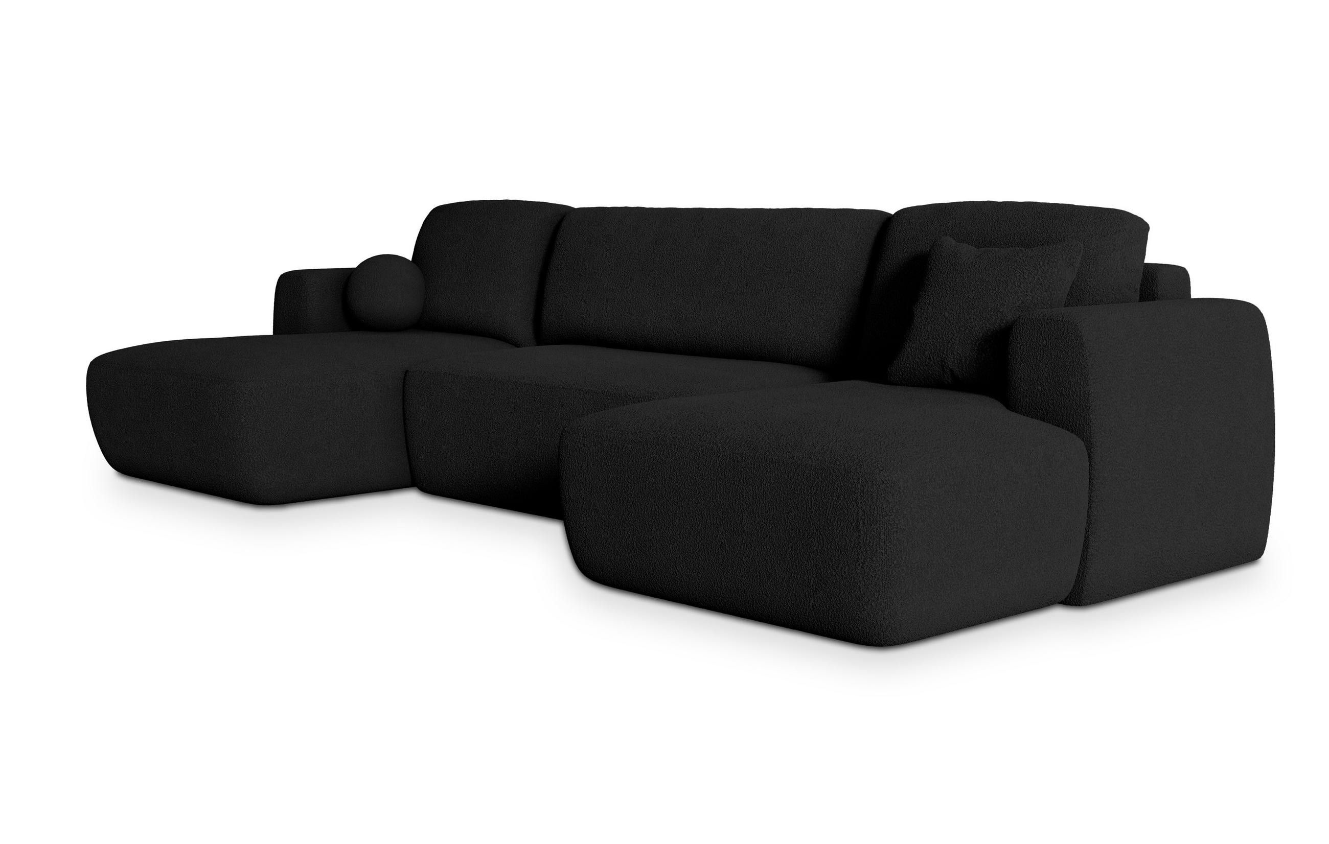 WOHNLANDSCHAFT SENTUM N Schwarz Boucle-Stoff mit Schlaffunktion - Schwarz, Holz (330/90/148cm) - MASSENO