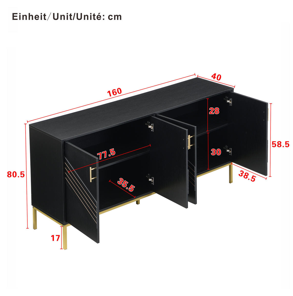 SIDEBOARD aus MDF 160x40x80,5 cm Schwarz mit Holzmaserung, 4 Türen und verstellbaren Einlegeböden - Schwarz, Holzwerkstoff (160/80.5/40cm) - IVMEU