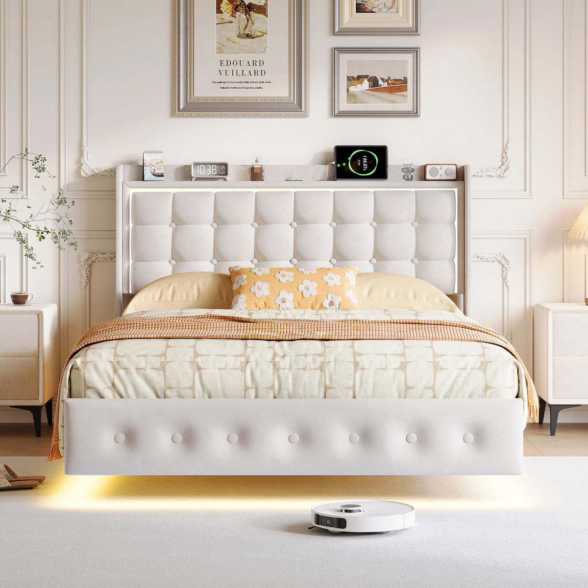 POLSTERBETT 140x200 cm mit LED und USB, Doppelbett mit Lattenrost und Kopfteil, Samtbezug, Weiße - Weiß, Holzwerkstoff/Textil (140/200cm) - GENKI LIVING