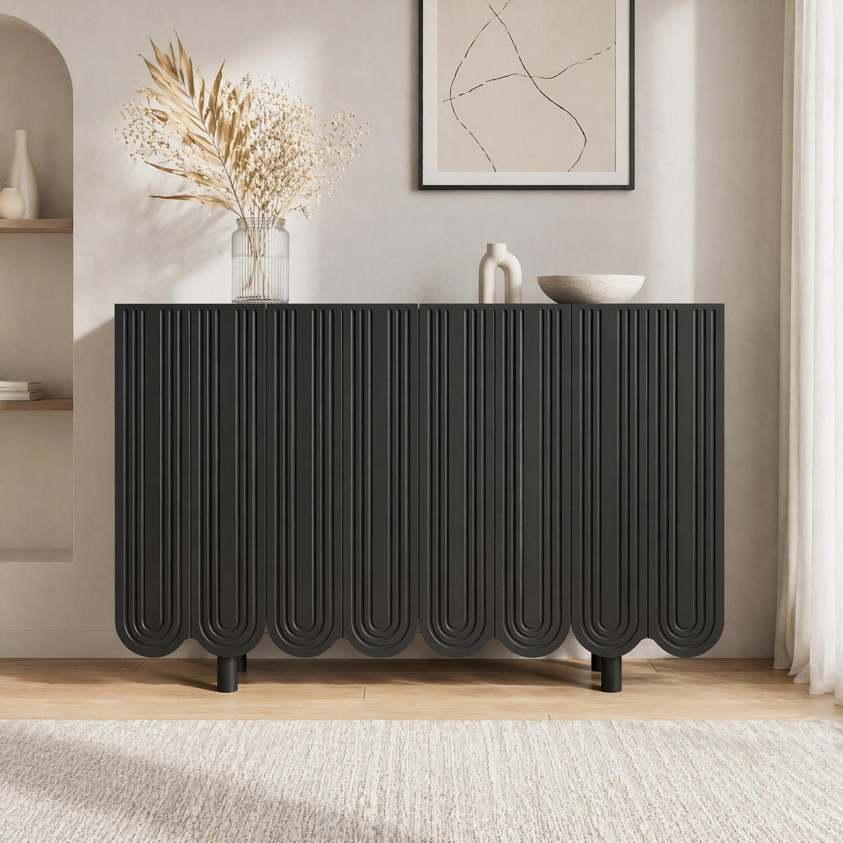 KUCHYŇSKÁ SKŘÍŇ černá, kapkovitý design, tvarovaná dvířka, do obývacího pokoje a jídelny, 120×37,5×80,8 cm - černá, kov/kompozitní dřevo (120/80.8/37.5cm) - STILVORA