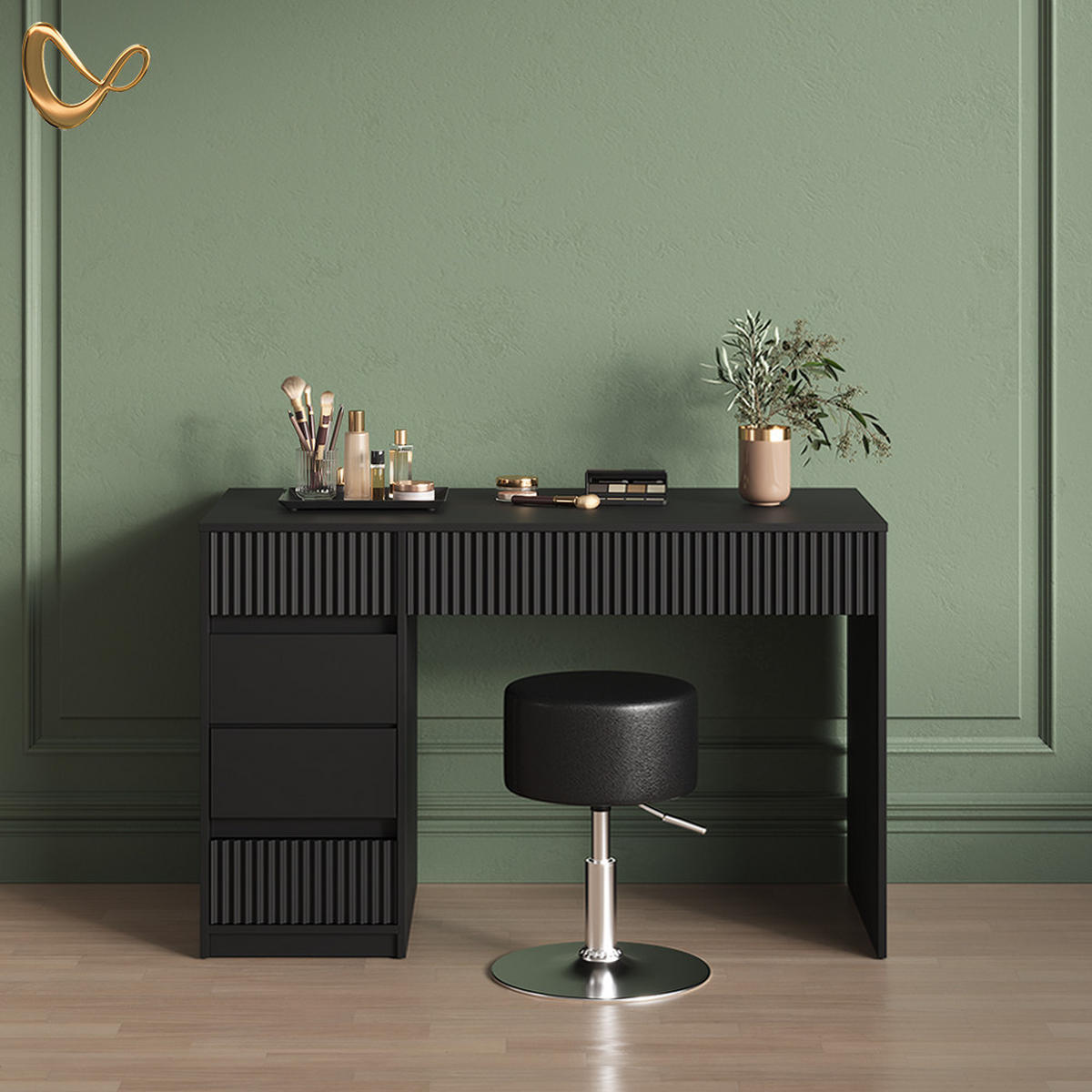 SCHMINKTISCH Allia Schwarz 120 cm mit Hocker - Schwarz, Holzwerkstoff (120/76/55cm) - Livinity®