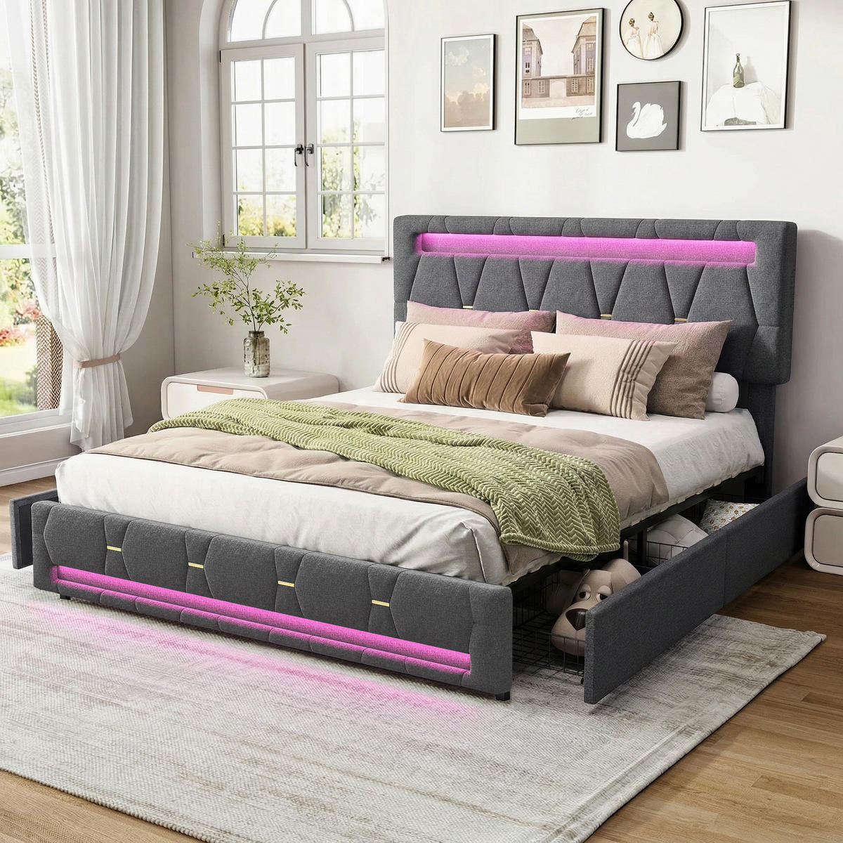 BETT 140 x 200 cm mit 4 Schubladen und LED, mit LED-Kopftei - Grau, Holzwerkstoff/Textil (140/200cm) - WoodenAura