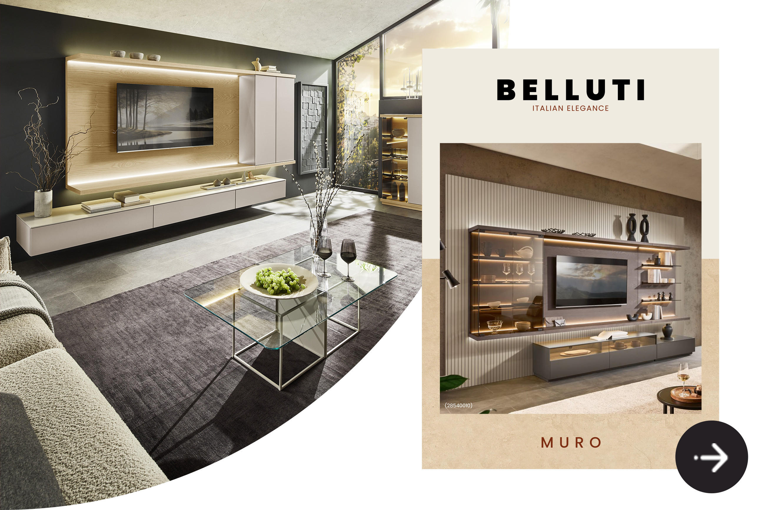 BELLUTI Wohnzimmer-Programm „MURO“: modern inszenierte Wohnwand mit TV-Panel in Holzoptik, indirekter Beleuchtung und Vitrine; rechts Produktvisual mit BELLUTI-Logo und weiterer MURO-Wandkombination.