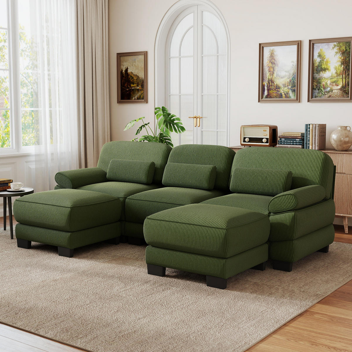 WOHNLANDSCHAFT 3-Sitzer U-Form mit 2 Hockern, DE-42659, Grün - Grün, Holz (265/94/161cm) - ComfortXL