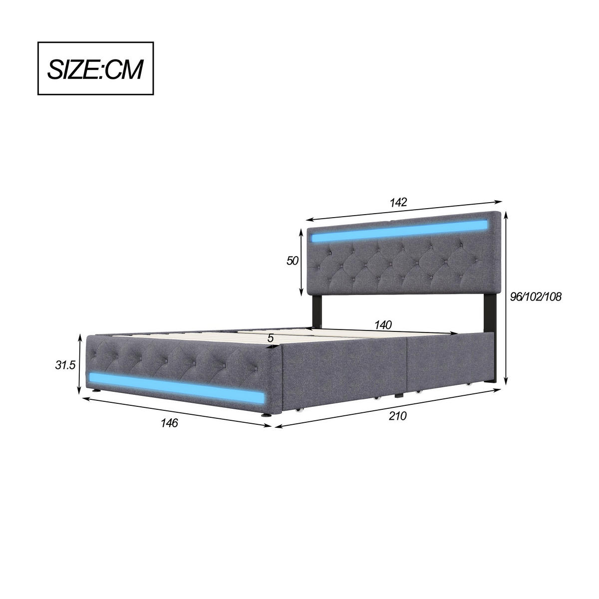 POLSTERBETT 140x200cm Doppelbett RGB-LED-Lichtleisten USB-Anschluss 4 Schubladen Leinen Dunkelgrau - Grau, Textil (140/200cm) - DELFA