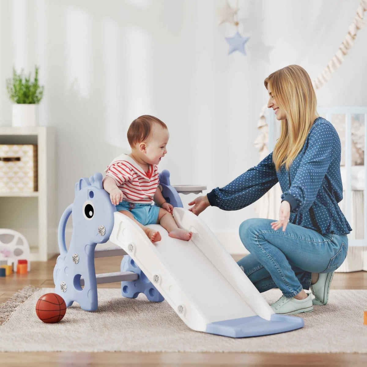KINDERRUTSCHE 3-in-1 und Basketballkorb Blau - Blau, Kunststoff (51.5/52/106cm) - Korfee