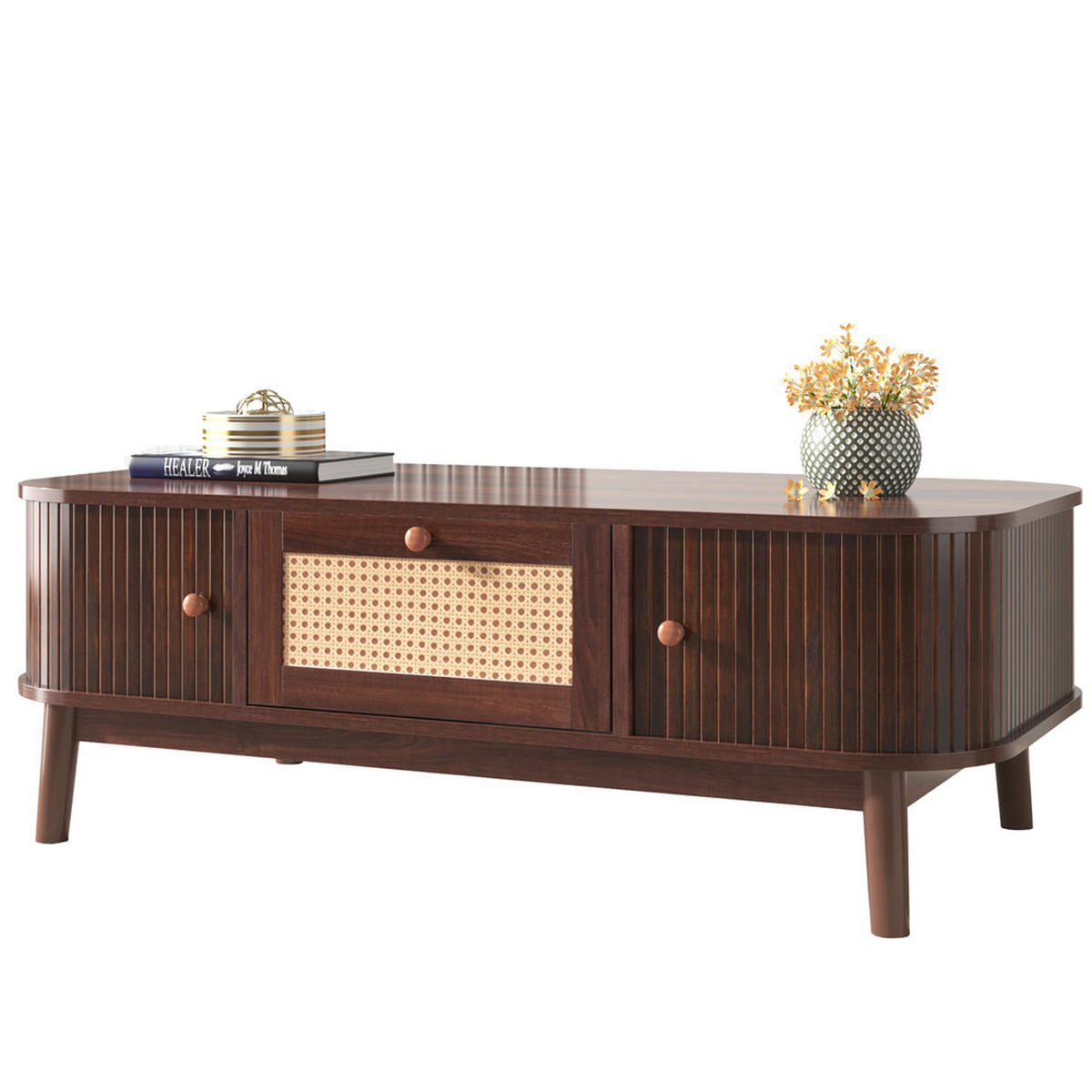 COUCHTISCH Rattan Landhausstil Schubladen Schiebetüren Massivholzbeine Natur - Braun, Holz (124/64/13.5cm) - FLIEKS