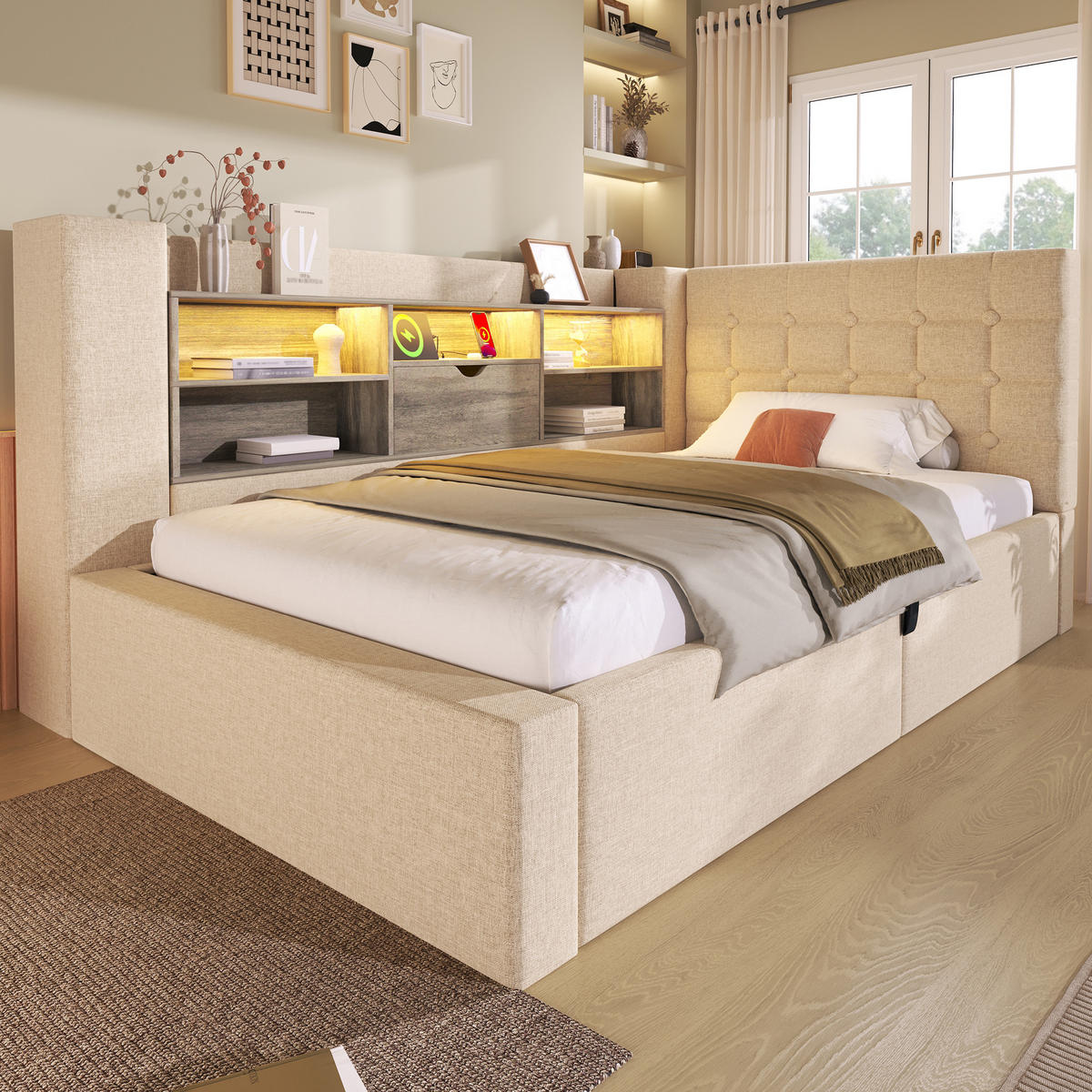 POLSTERBETT 90/200 cm in Beige Leinen mit Bettkasten, LED und USB - Beige, Holzwerkstoff/Textil (90/200cm) - WISHDOR