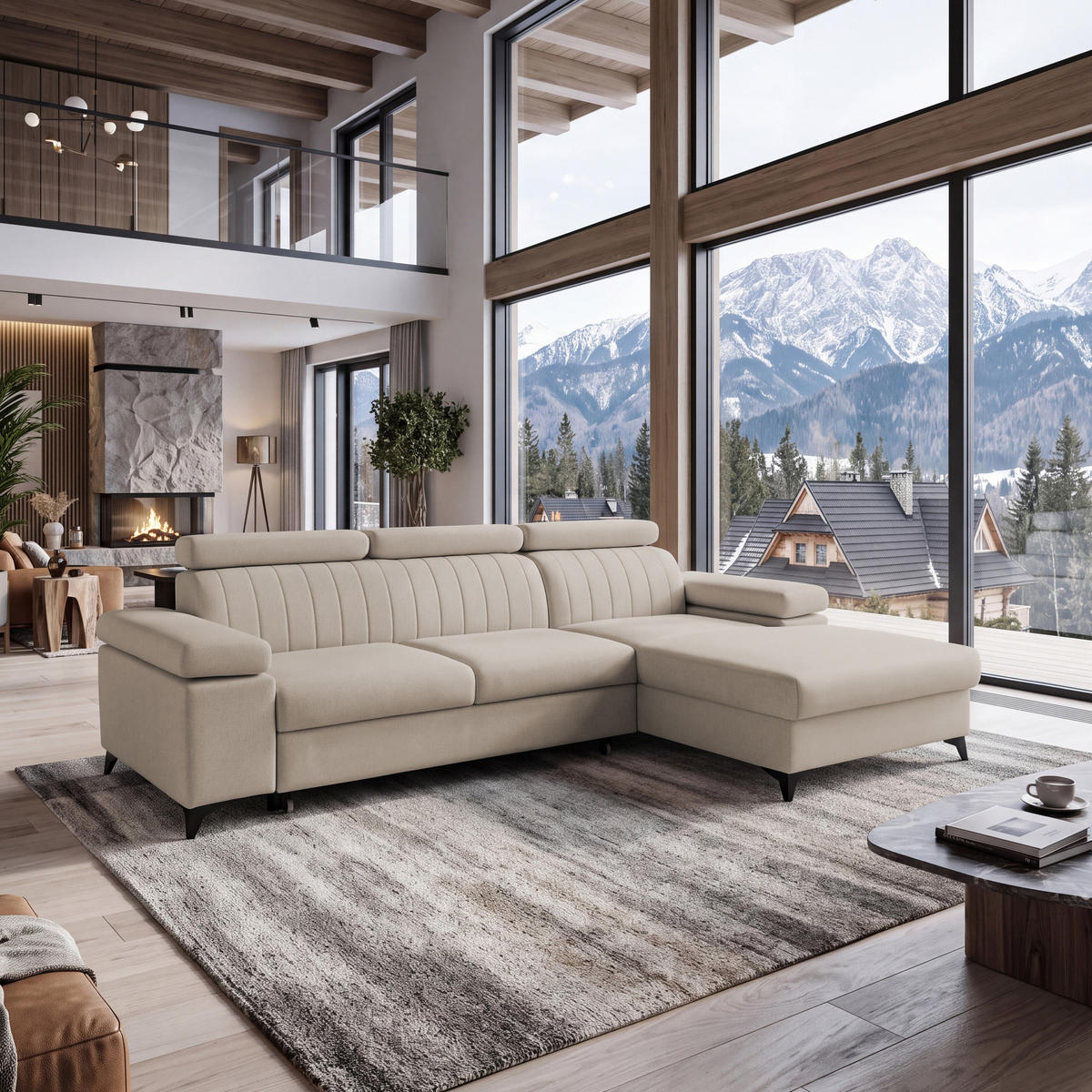 ECKSOFA FELIX L Rechts mit Schlaffunktion Velours Beige - Beige/Schwarz, Holz/Textil (176/257cm) - Muffo