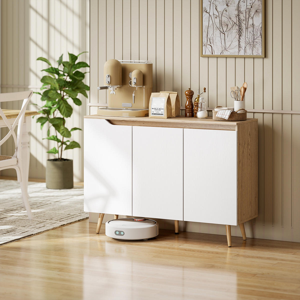 SIDEBOARD DE-11301 3 Türen, verstellbare Böden Weiß/Eiche - Eichefarben, Holzwerkstoff (107/76.5/35cm) - ComfortXL