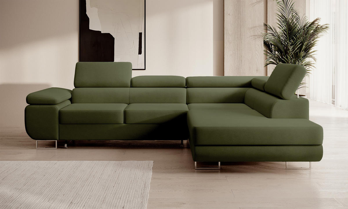 ECKSOFA Stevil Olivgrün Velours - Silberfarben/Olivgrün, Textil/Metall (275/203cm) - Selsey