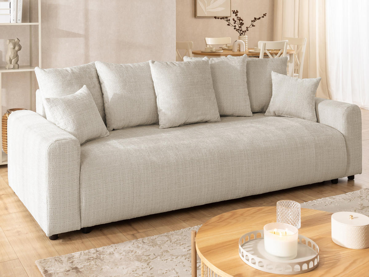 SCHLAFSOFA Calma mit Bettkasten im Bumpy-Design aus weichem Beige Chenille-Stoff - Beige/Schwarz, Holz/Kunststoff (239/88/98cm) - S-Style Möbel